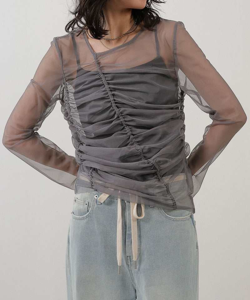 2枚セット チュールシャーリングデザイントップス リブトップス レイヤード