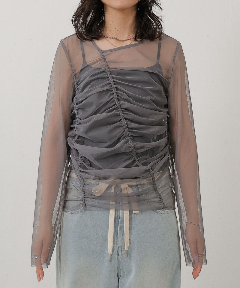 2枚セット チュールシャーリングデザイントップス リブトップス レイヤード