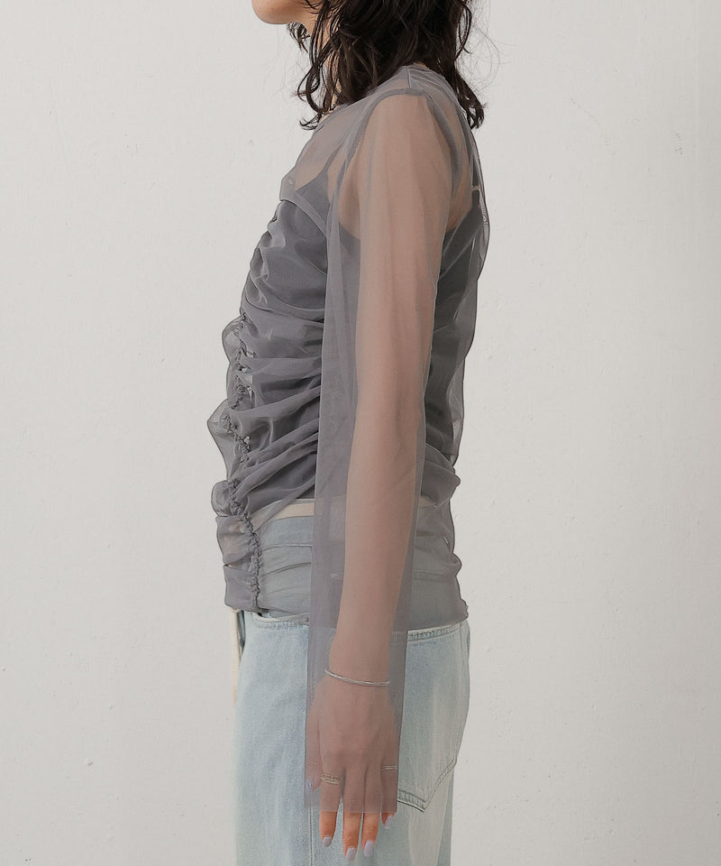 2枚セット チュールシャーリングデザイントップス リブトップス レイヤード