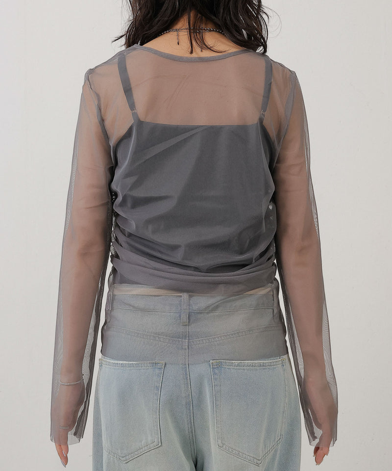 2枚セット チュールシャーリングデザイントップス リブトップス レイヤード