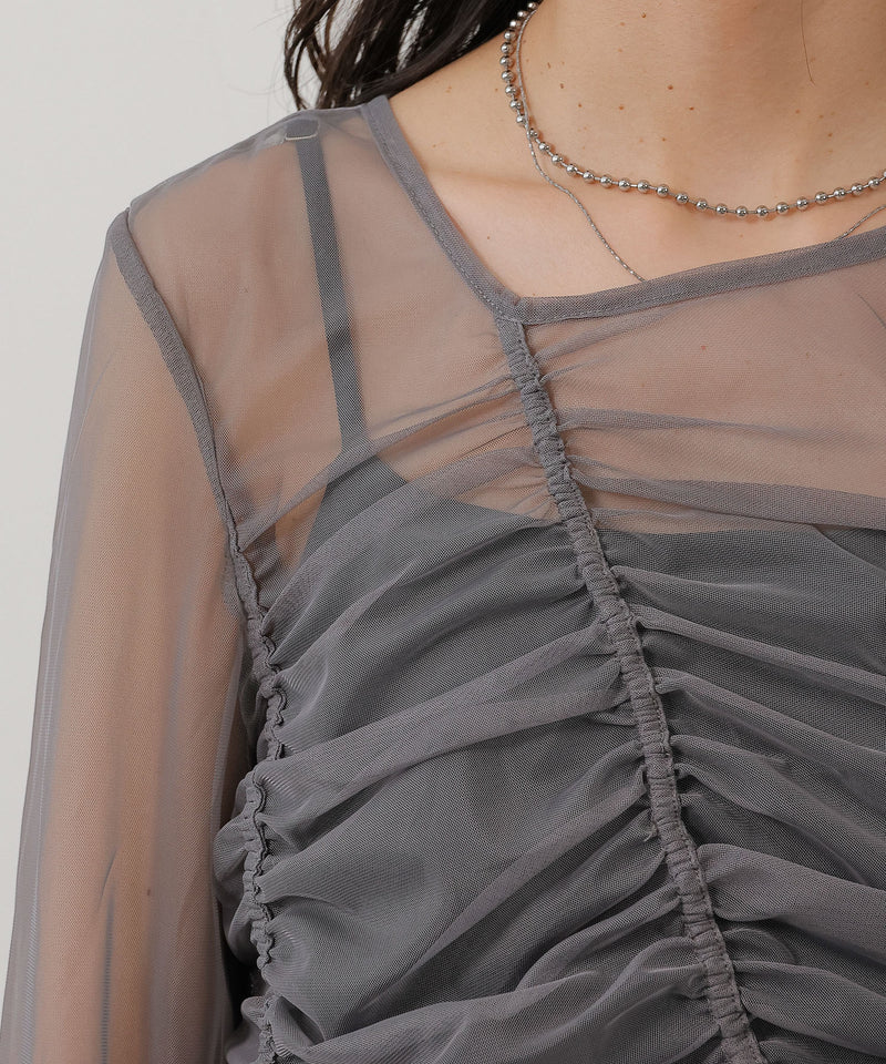 2枚セット チュールシャーリングデザイントップス リブトップス レイヤード