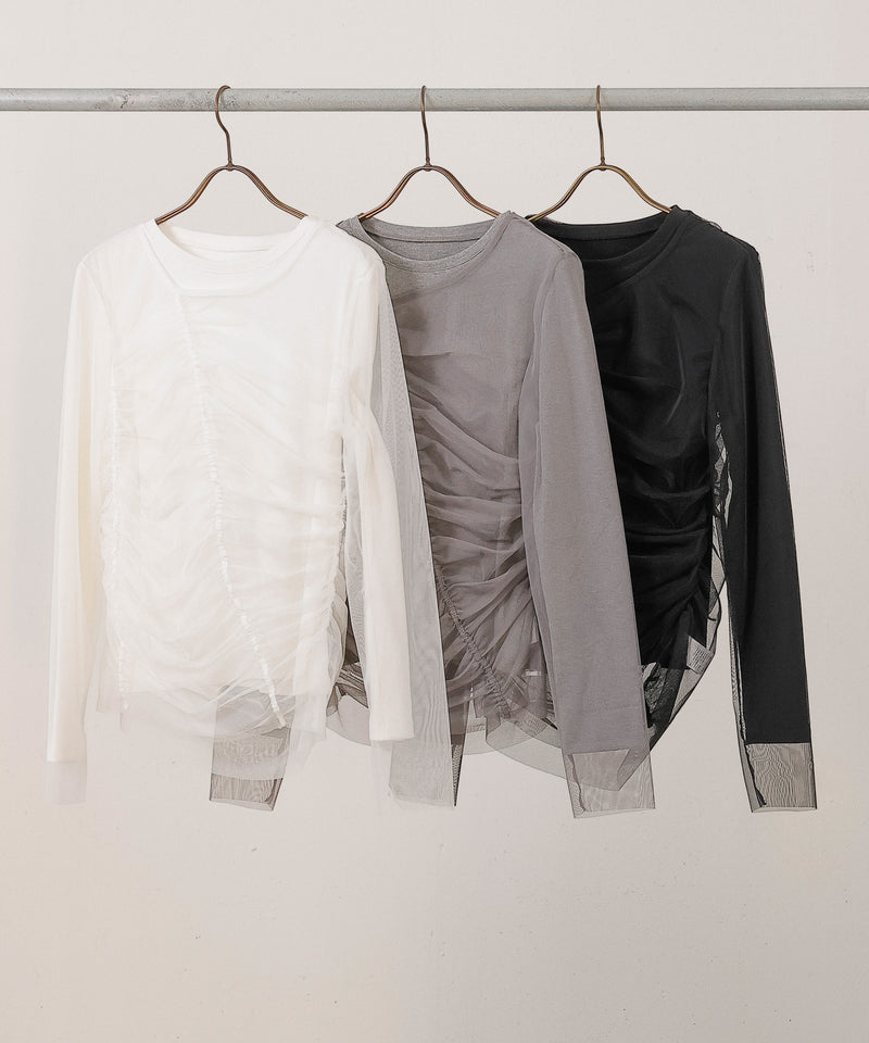 2枚セット チュールシャーリングデザイントップス リブトップス レイヤード