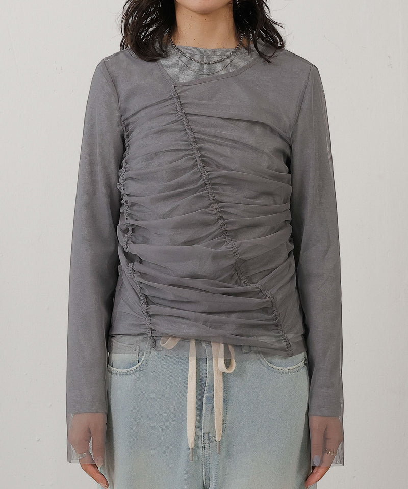 2枚セット チュールシャーリングデザイントップス リブトップス レイヤード