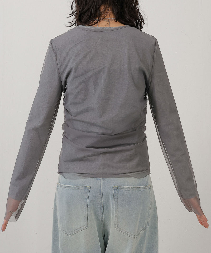 2枚セット チュールシャーリングデザイントップス リブトップス レイヤード