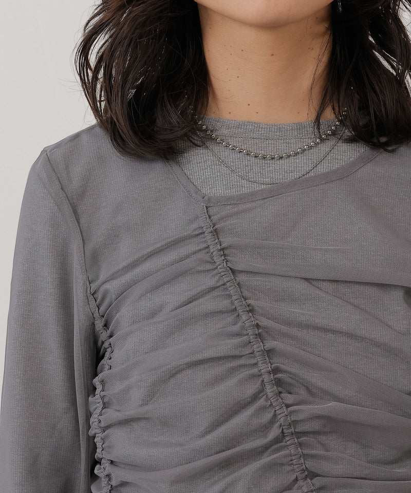 2枚セット チュールシャーリングデザイントップス リブトップス レイヤード