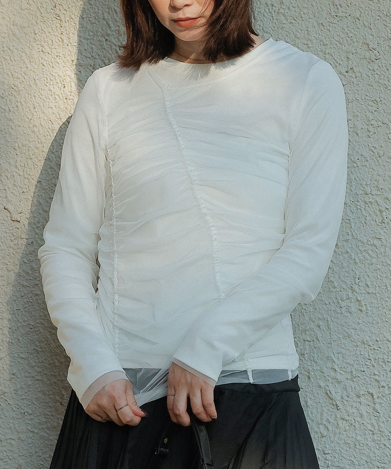 2枚セット チュールシャーリングデザイントップス リブトップス レイヤード