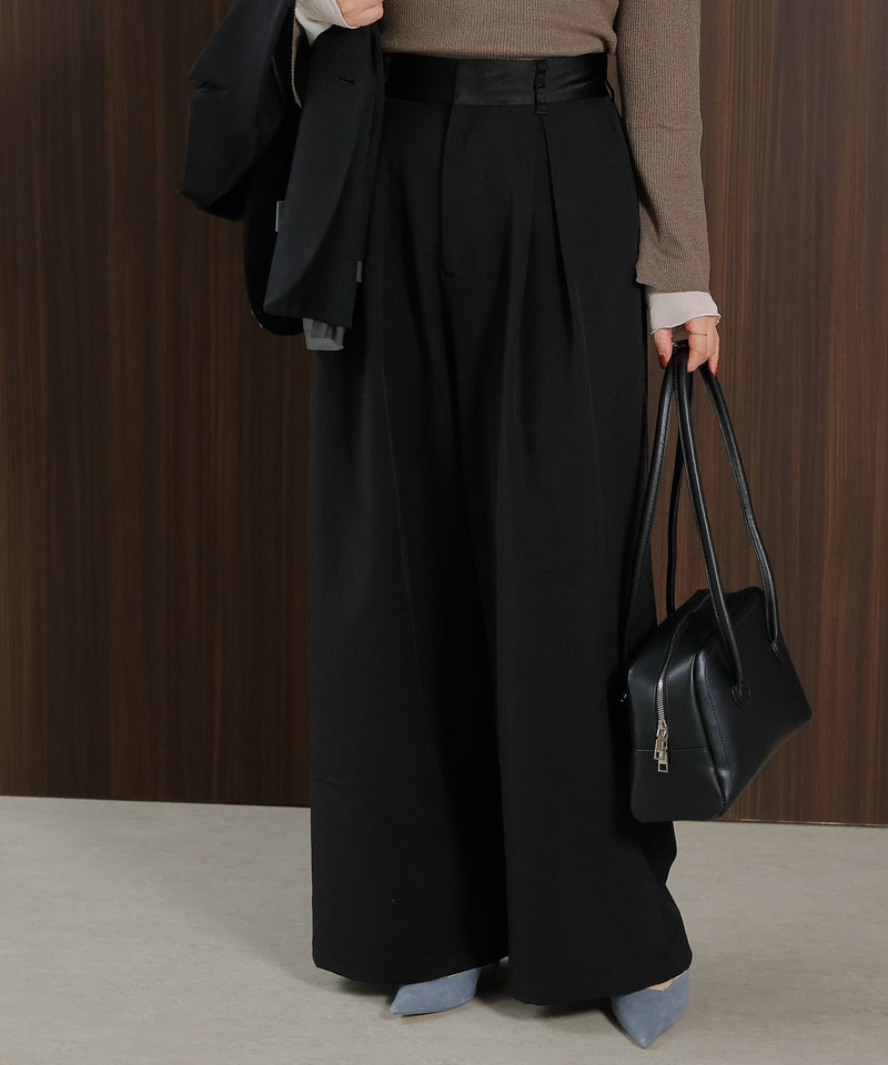 【美シルエットが叶う大人のタックパンツ】ヴィンテージ サテン ベルト タック ワイド パンツ
