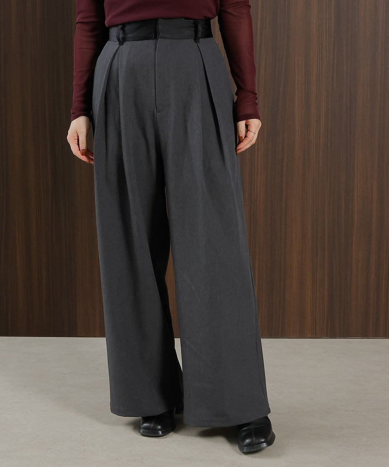 【美シルエットが叶う大人のタックパンツ】ヴィンテージ サテン ベルト タック ワイド パンツ
