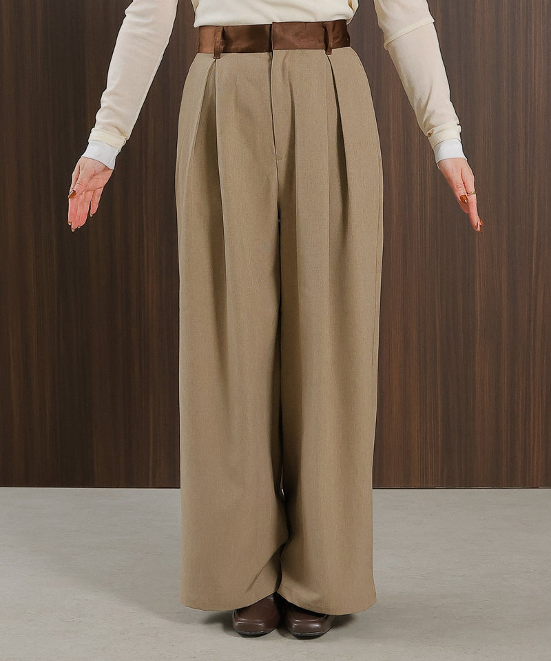 【美シルエットが叶う大人のタックパンツ】ヴィンテージ サテン ベルト タック ワイド パンツ