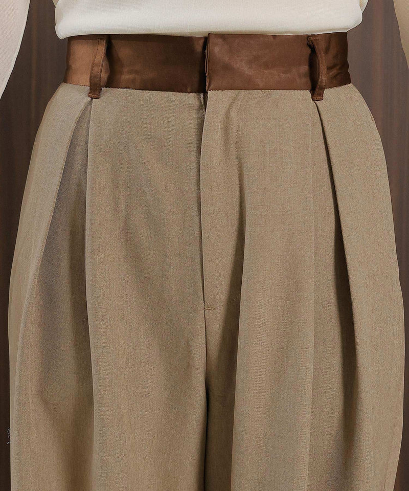 【美シルエットが叶う大人のタックパンツ】ヴィンテージ サテン ベルト タック ワイド パンツ