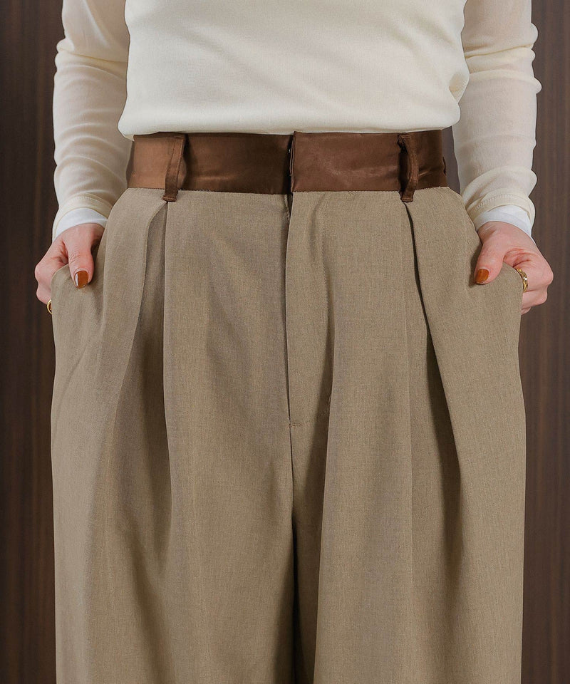 【美シルエットが叶う大人のタックパンツ】ヴィンテージ サテン ベルト タック ワイド パンツ