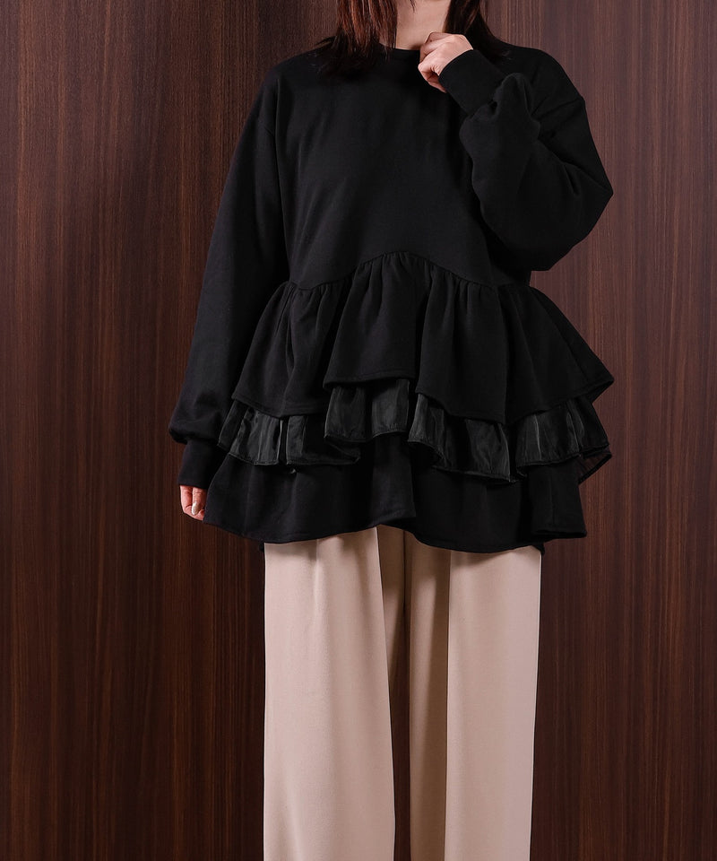 【可愛さとゆるさの絶妙バランス】裏毛 ティアード ペプラム スウェット トップス