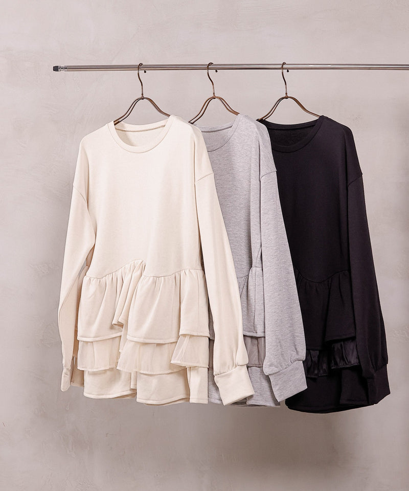 【可愛さとゆるさの絶妙バランス】裏毛 ティアード ペプラム スウェット トップス
