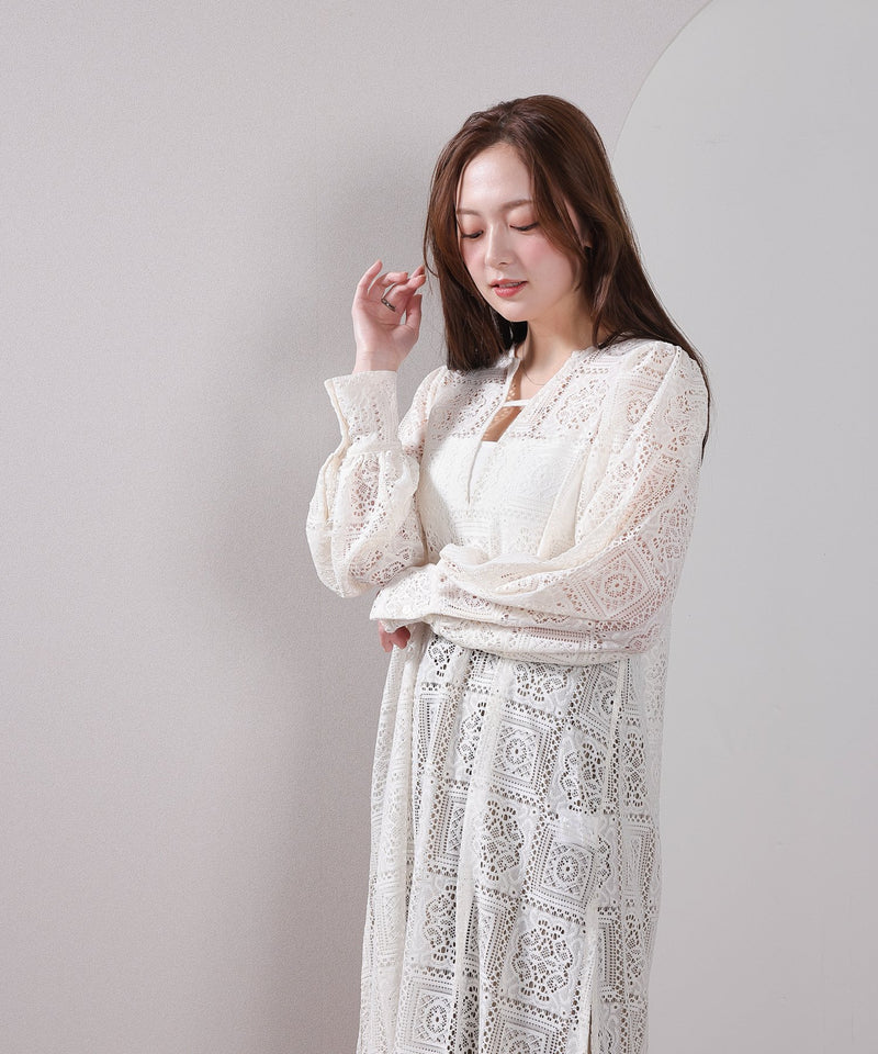 【クロシェ編み風が可愛い】ブロックレース ボリュームスリーブ スリット ワンピース