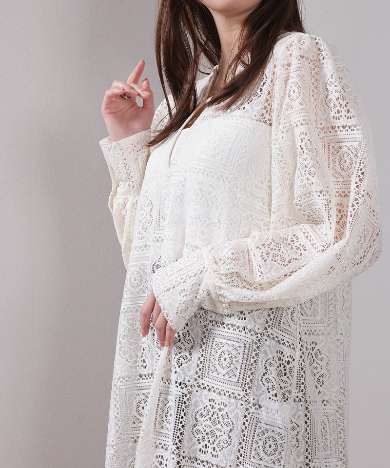 【クロシェ編み風が可愛い】ブロックレース ボリュームスリーブ スリット ワンピース