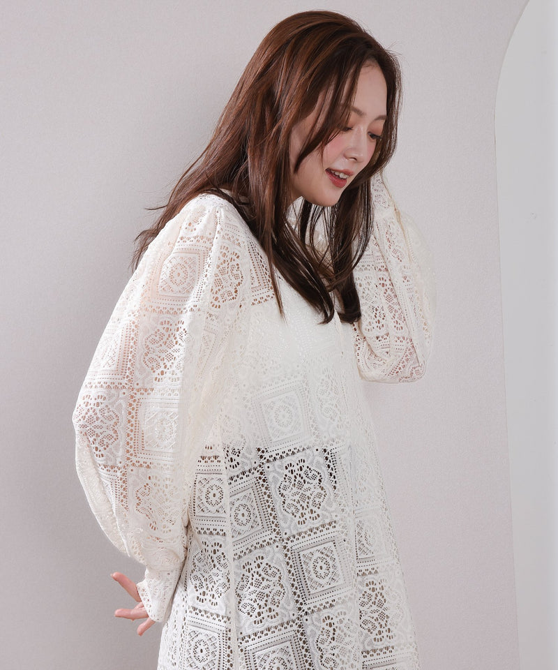 【クロシェ編み風が可愛い】ブロックレース ボリュームスリーブ スリット ワンピース