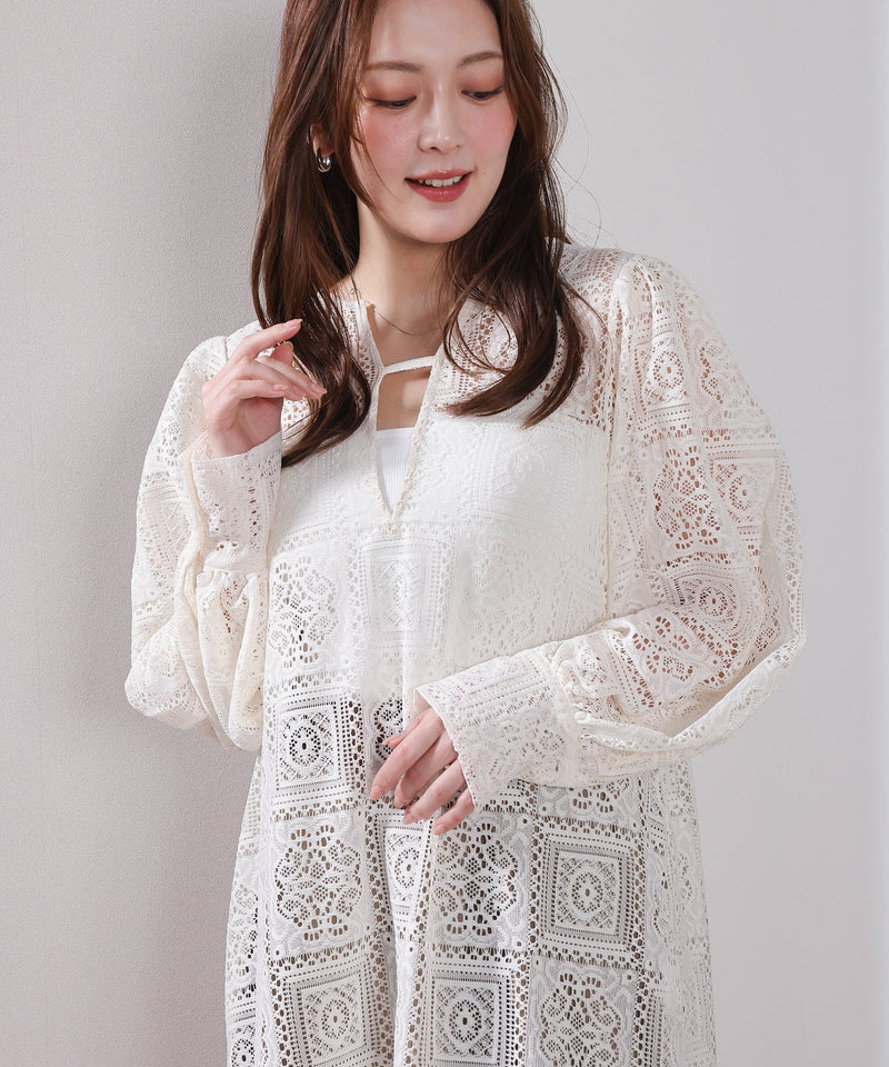 【クロシェ編み風が可愛い】ブロックレース ボリュームスリーブ スリット ワンピース