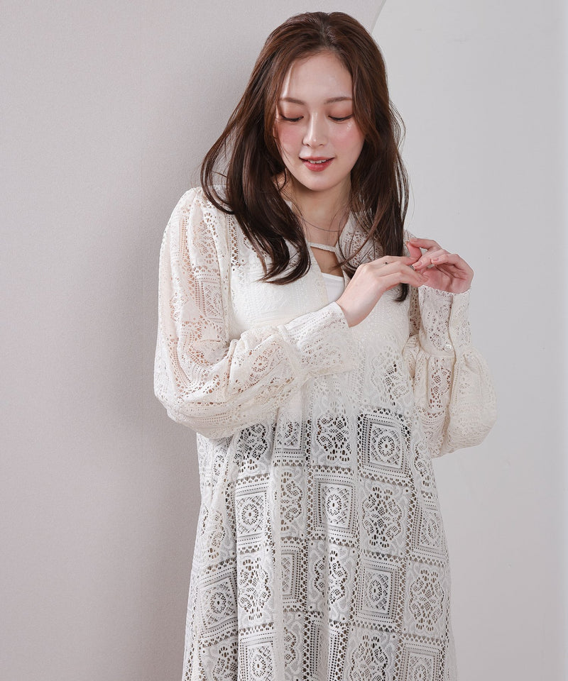 【クロシェ編み風が可愛い】ブロックレース ボリュームスリーブ スリット ワンピース