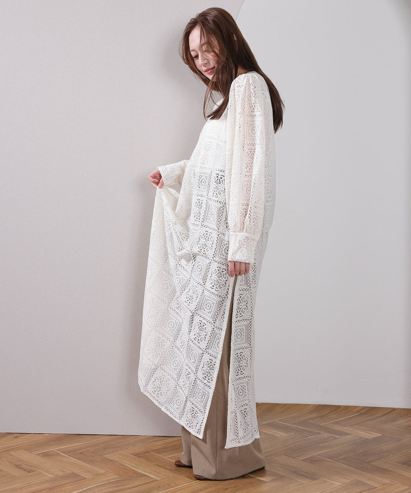 【クロシェ編み風が可愛い】ブロックレース ボリュームスリーブ スリット ワンピース