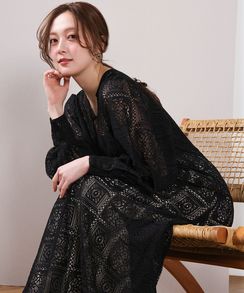 【クロシェ編み風が可愛い】ブロックレース ボリュームスリーブ スリット ワンピース