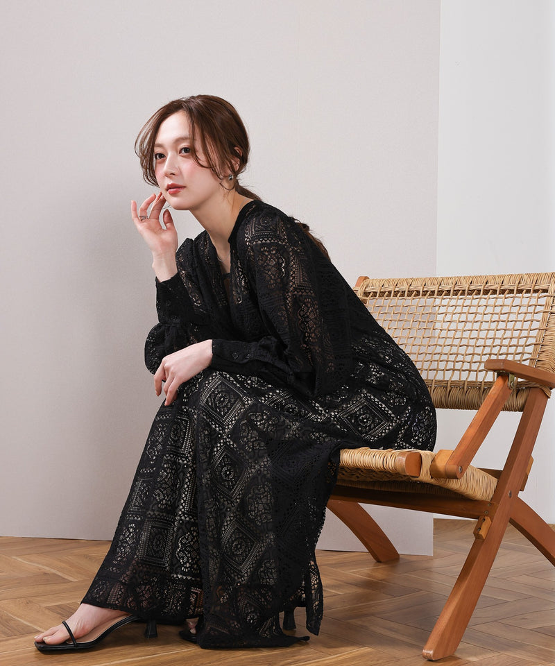 【クロシェ編み風が可愛い】ブロックレース ボリュームスリーブ スリット ワンピース