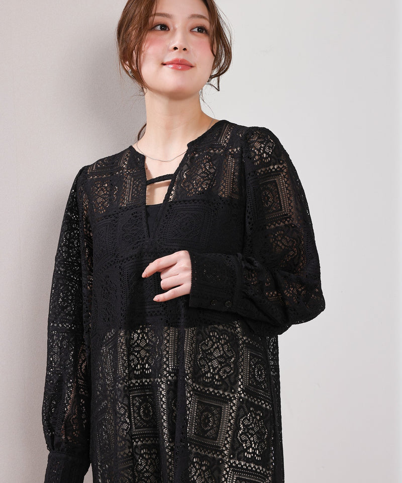 【クロシェ編み風が可愛い】ブロックレース ボリュームスリーブ スリット ワンピース