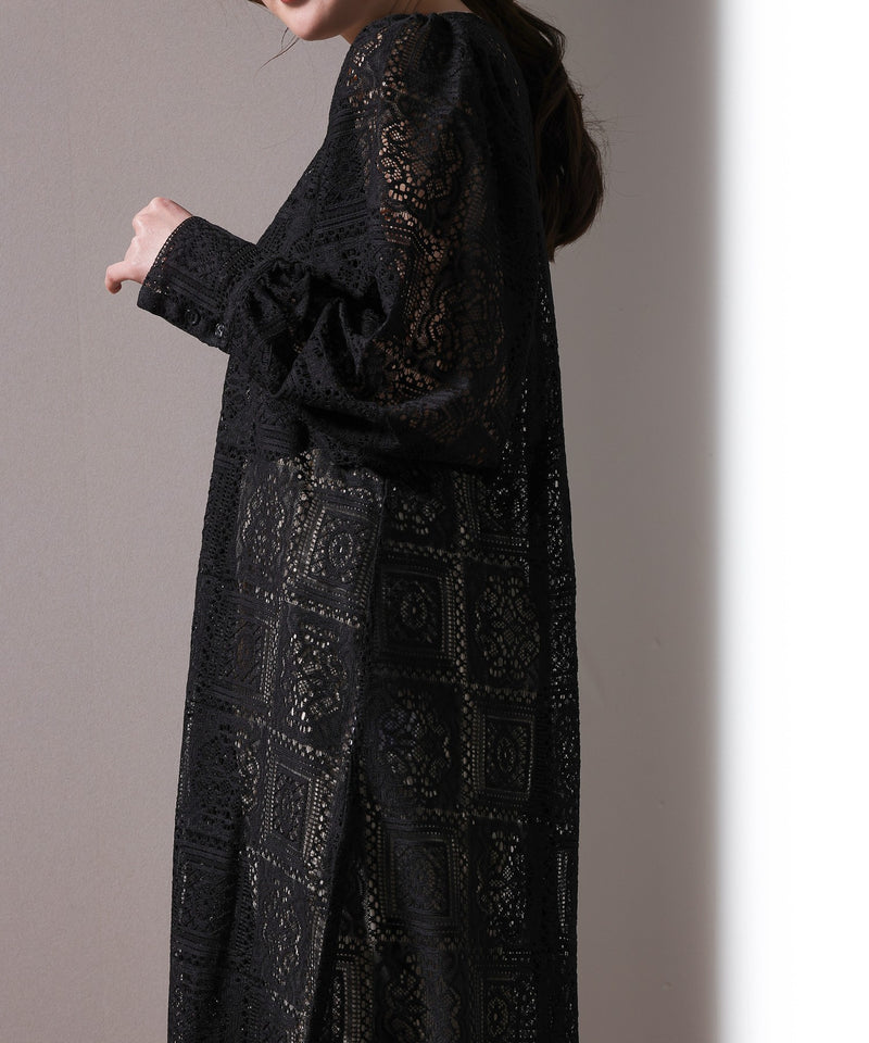 【クロシェ編み風が可愛い】ブロックレース ボリュームスリーブ スリット ワンピース