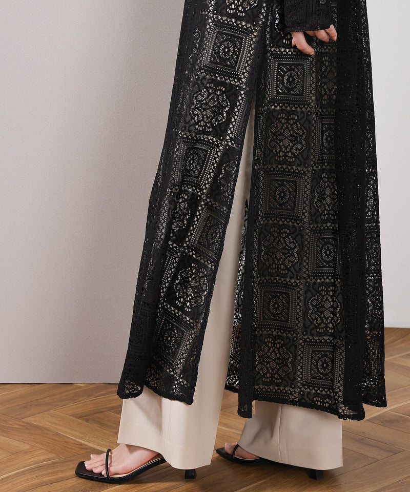 【クロシェ編み風が可愛い】ブロックレース ボリュームスリーブ スリット ワンピース