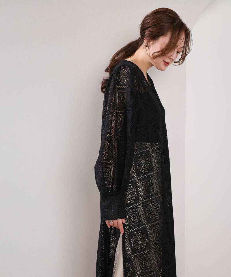 【クロシェ編み風が可愛い】ブロックレース ボリュームスリーブ スリット ワンピース