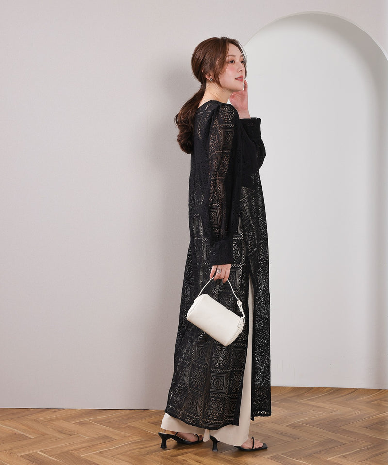 【クロシェ編み風が可愛い】ブロックレース ボリュームスリーブ スリット ワンピース