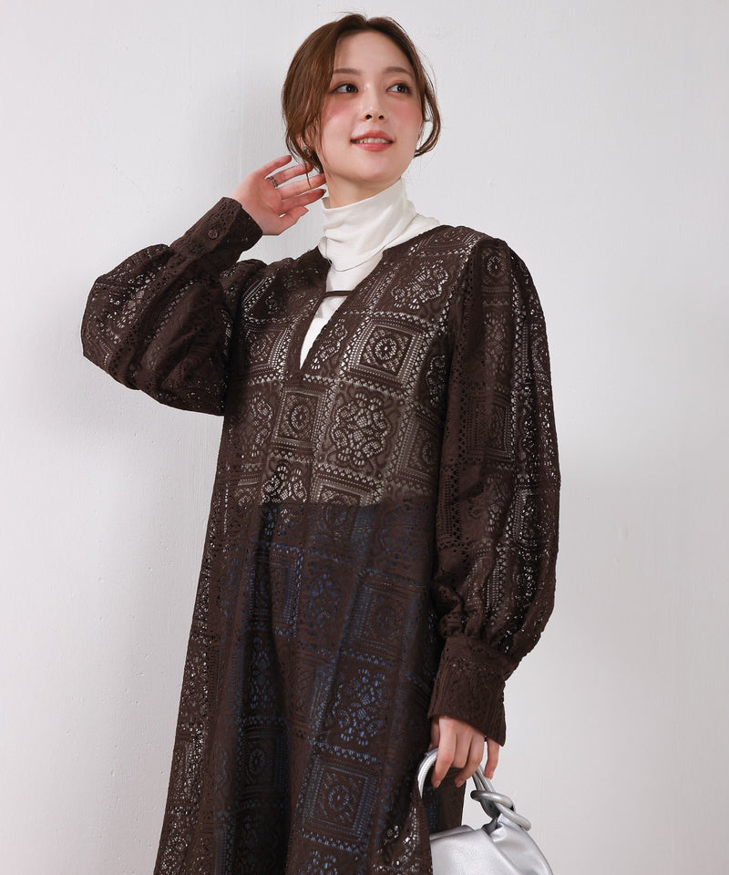 【クロシェ編み風が可愛い】ブロックレース ボリュームスリーブ スリット ワンピース