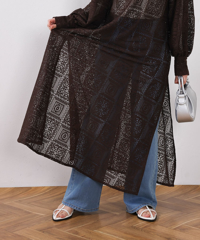 【クロシェ編み風が可愛い】ブロックレース ボリュームスリーブ スリット ワンピース