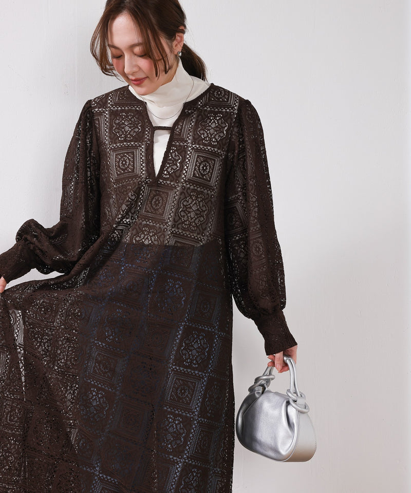 【クロシェ編み風が可愛い】ブロックレース ボリュームスリーブ スリット ワンピース