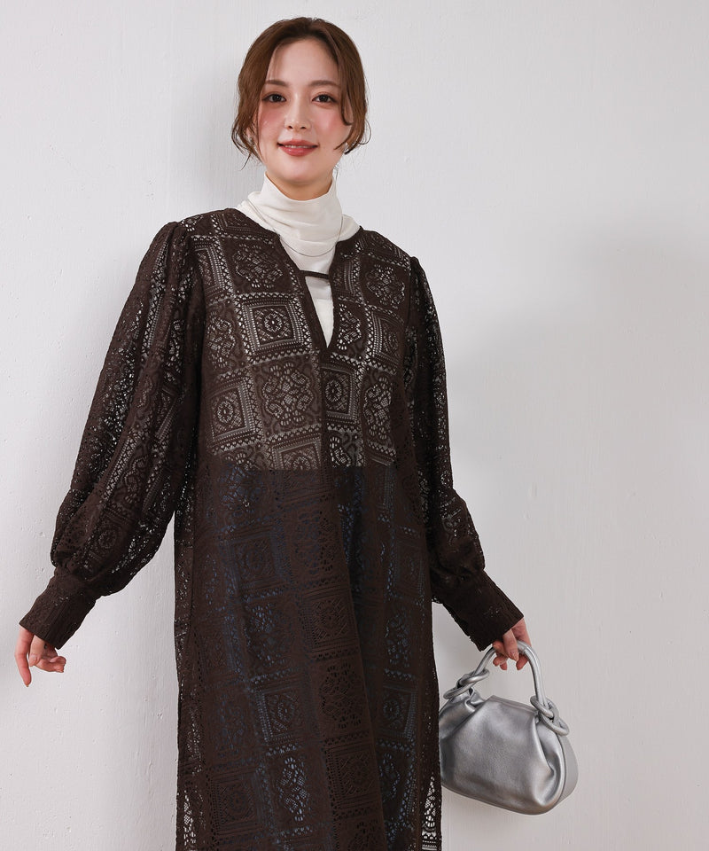 【クロシェ編み風が可愛い】ブロックレース ボリュームスリーブ スリット ワンピース