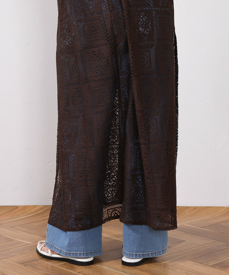 【クロシェ編み風が可愛い】ブロックレース ボリュームスリーブ スリット ワンピース