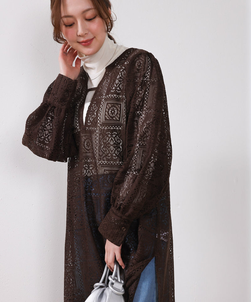 【クロシェ編み風が可愛い】ブロックレース ボリュームスリーブ スリット ワンピース