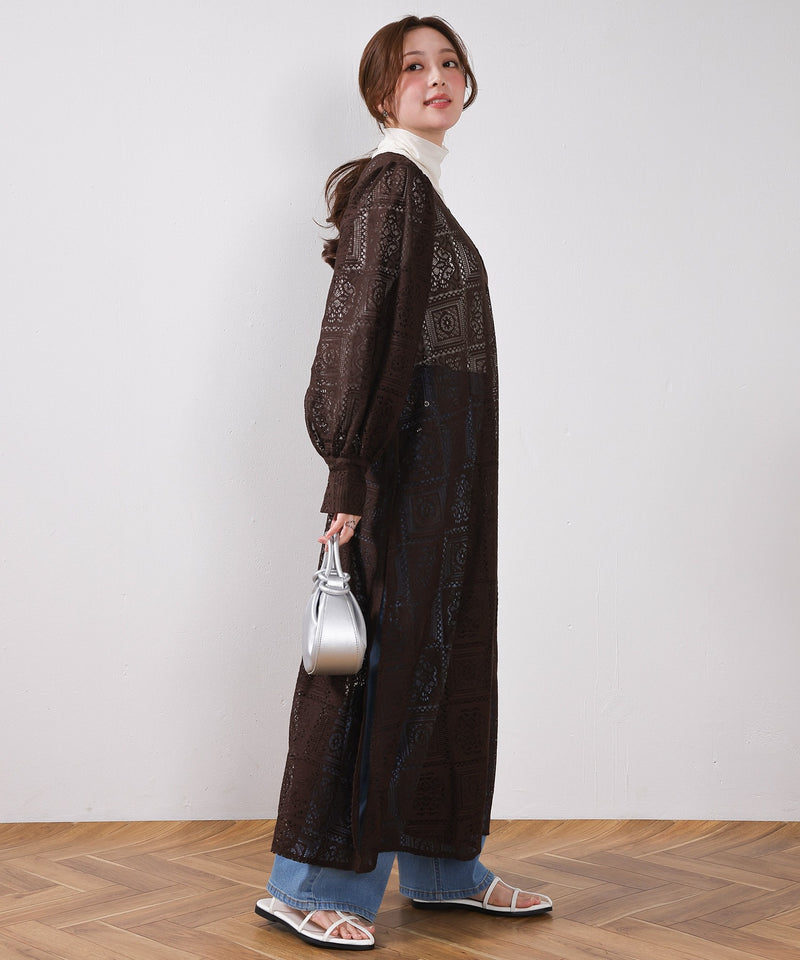 【クロシェ編み風が可愛い】ブロックレース ボリュームスリーブ スリット ワンピース