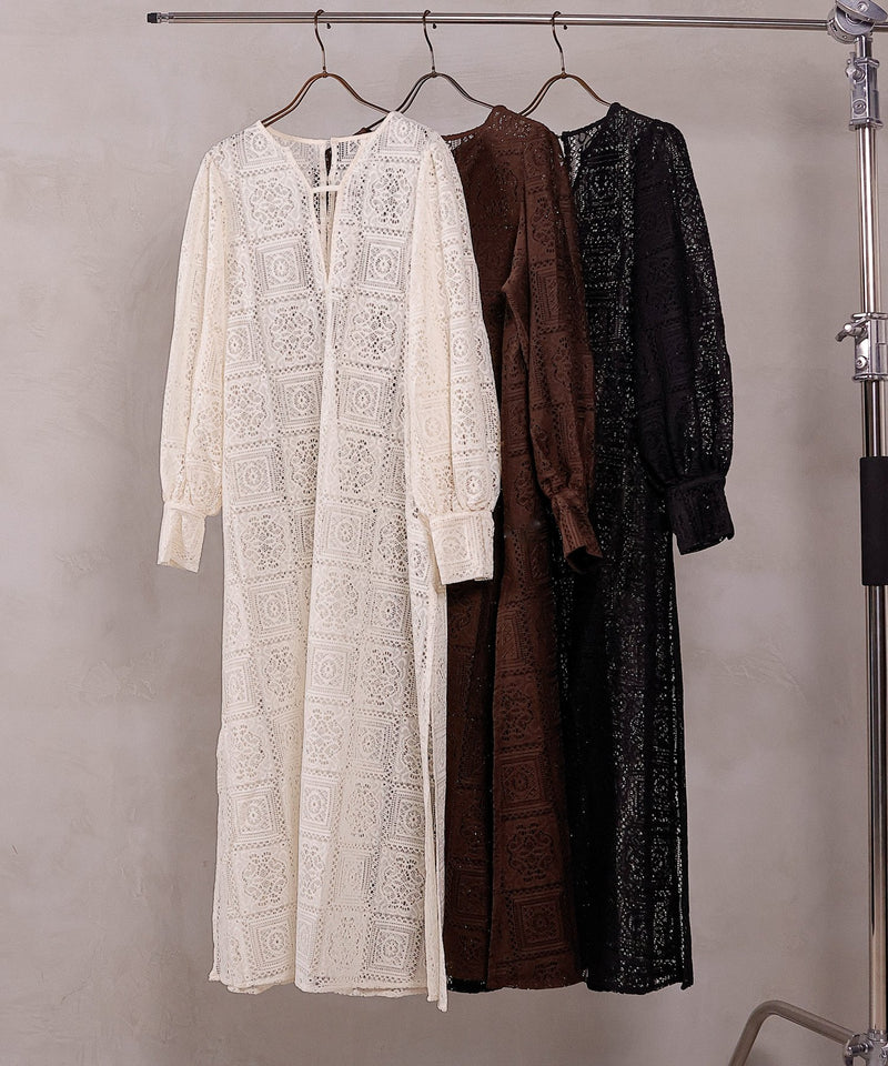 【クロシェ編み風が可愛い】ブロックレース ボリュームスリーブ スリット ワンピース