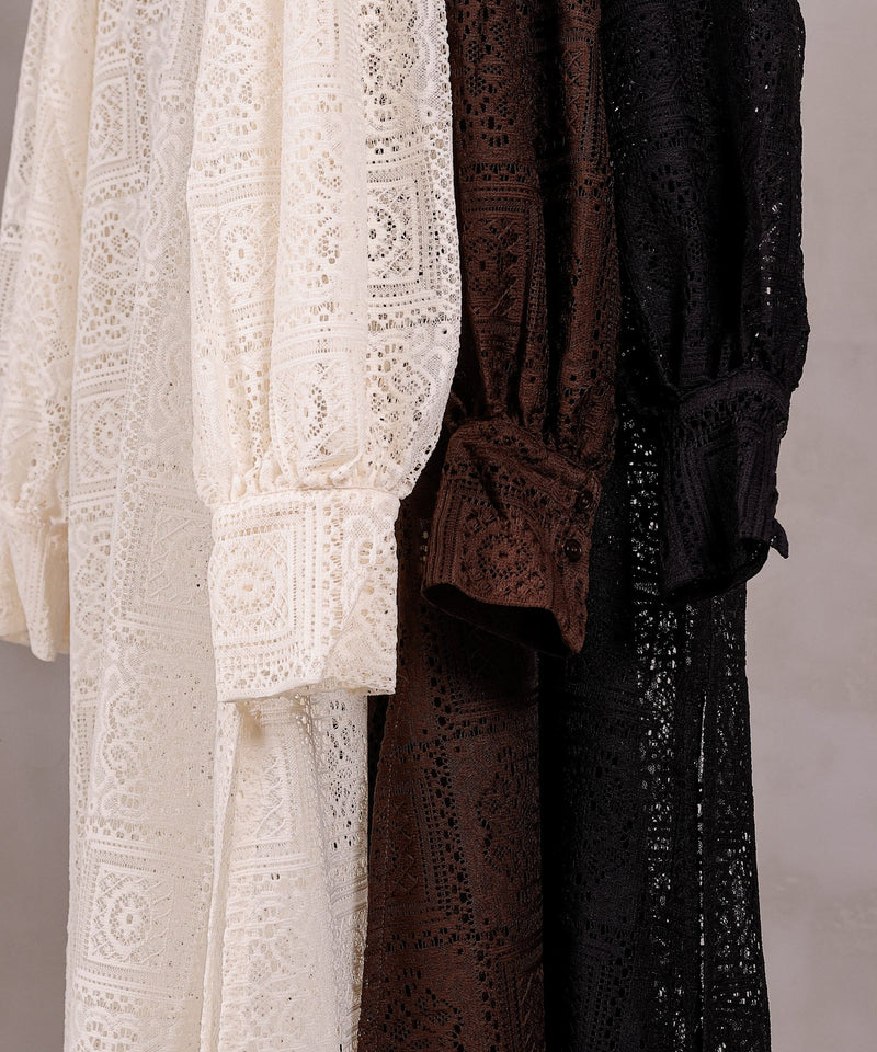 【クロシェ編み風が可愛い】ブロックレース ボリュームスリーブ スリット ワンピース