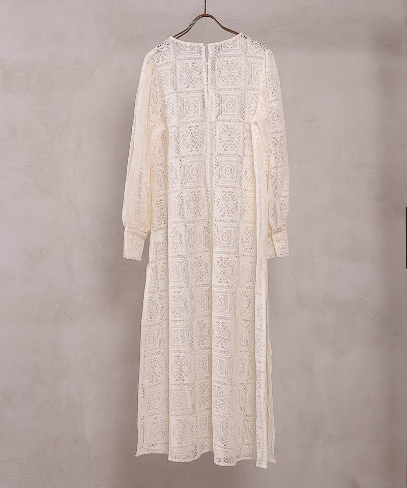 【クロシェ編み風が可愛い】ブロックレース ボリュームスリーブ スリット ワンピース