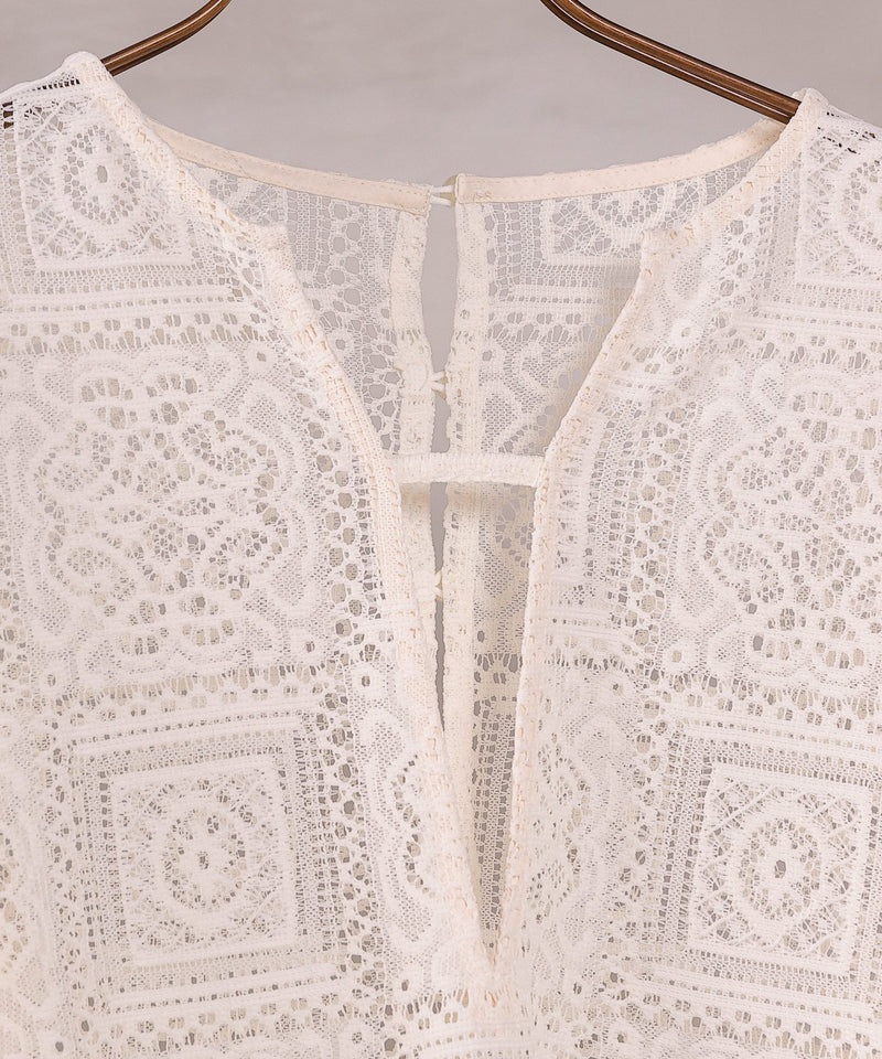 【クロシェ編み風が可愛い】ブロックレース ボリュームスリーブ スリット ワンピース