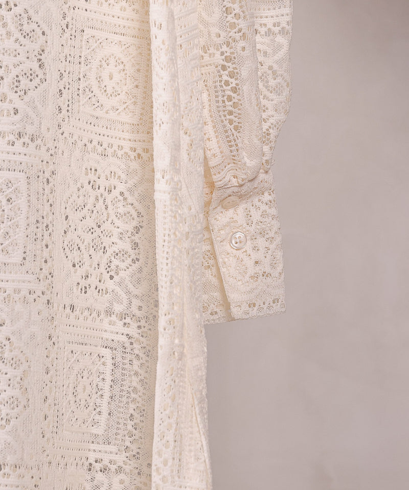 【クロシェ編み風が可愛い】ブロックレース ボリュームスリーブ スリット ワンピース