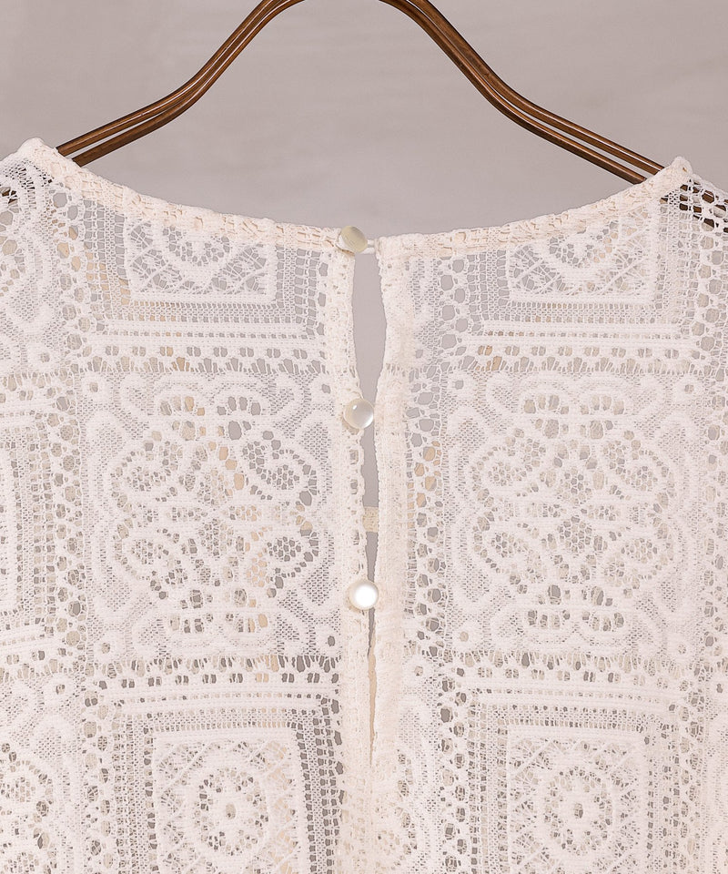 【クロシェ編み風が可愛い】ブロックレース ボリュームスリーブ スリット ワンピース