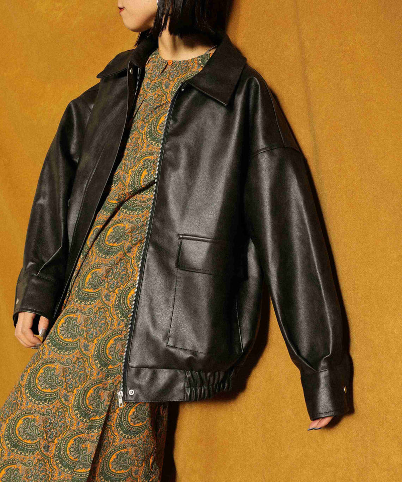 合成皮革 ステンカラー オーバーサイズ ヴィンテージライク ブルゾン