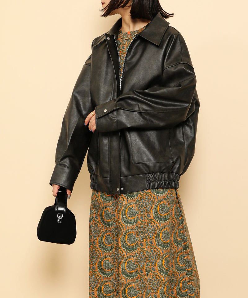 合成皮革 ステンカラー オーバーサイズ ヴィンテージライク ブルゾン