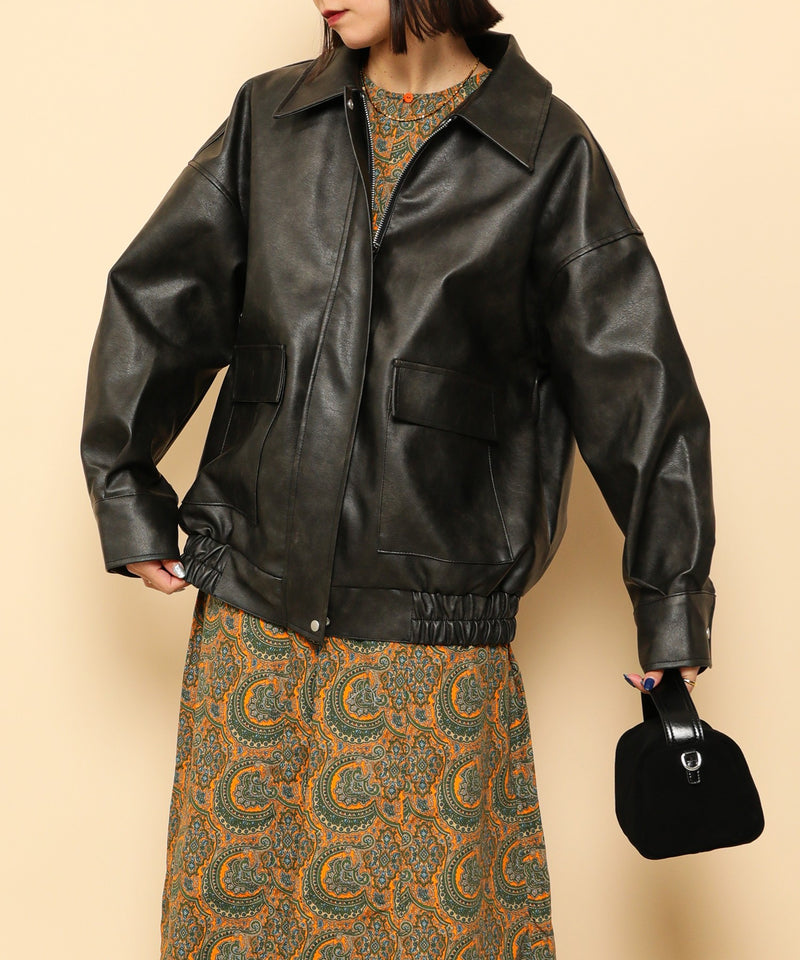 合成皮革 ステンカラー オーバーサイズ ヴィンテージライク ブルゾン