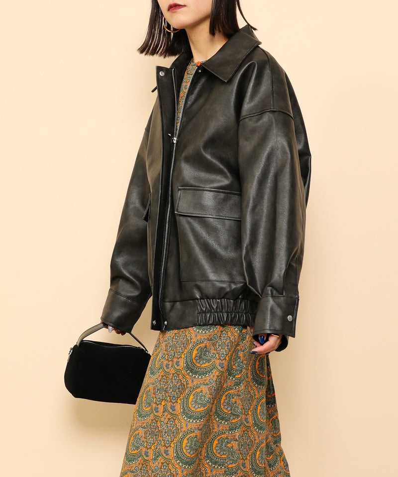 合成皮革 ステンカラー オーバーサイズ ヴィンテージライク ブルゾン