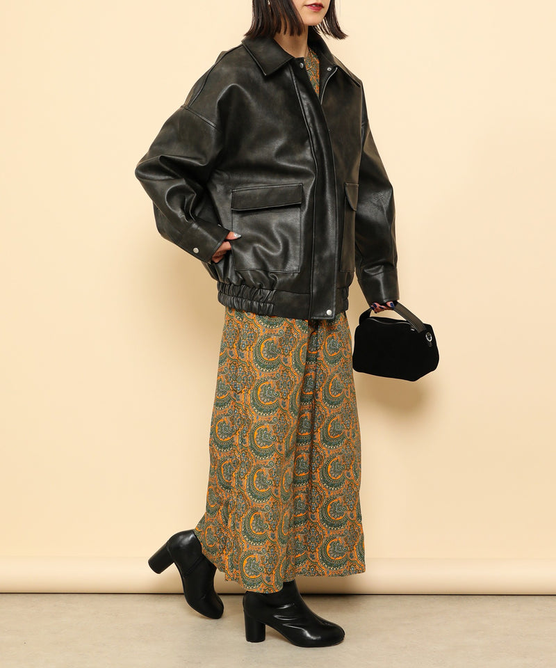 合成皮革 ステンカラー オーバーサイズ ヴィンテージライク ブルゾン