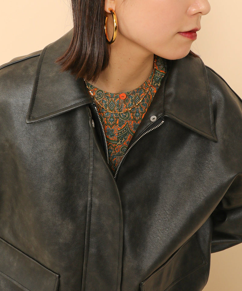 合成皮革 ステンカラー オーバーサイズ ヴィンテージライク ブルゾン