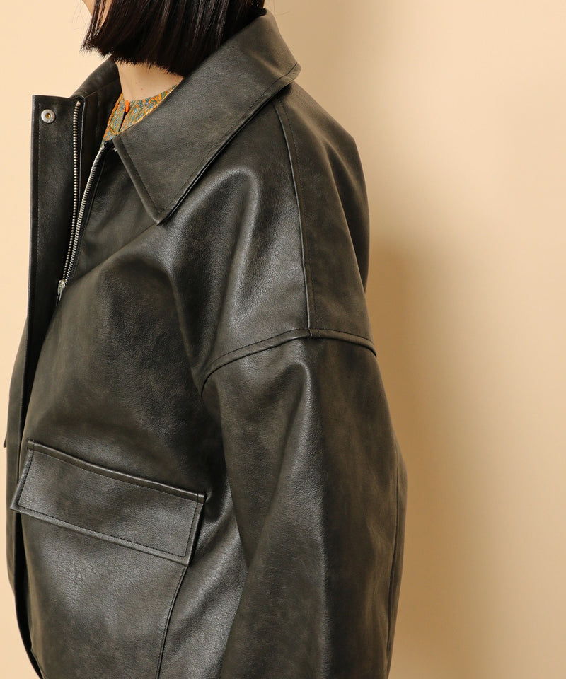 合成皮革 ステンカラー オーバーサイズ ヴィンテージライク ブルゾン